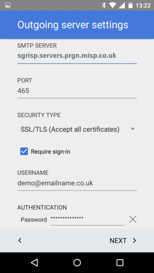  select security type of SSL (Accept all certificates).